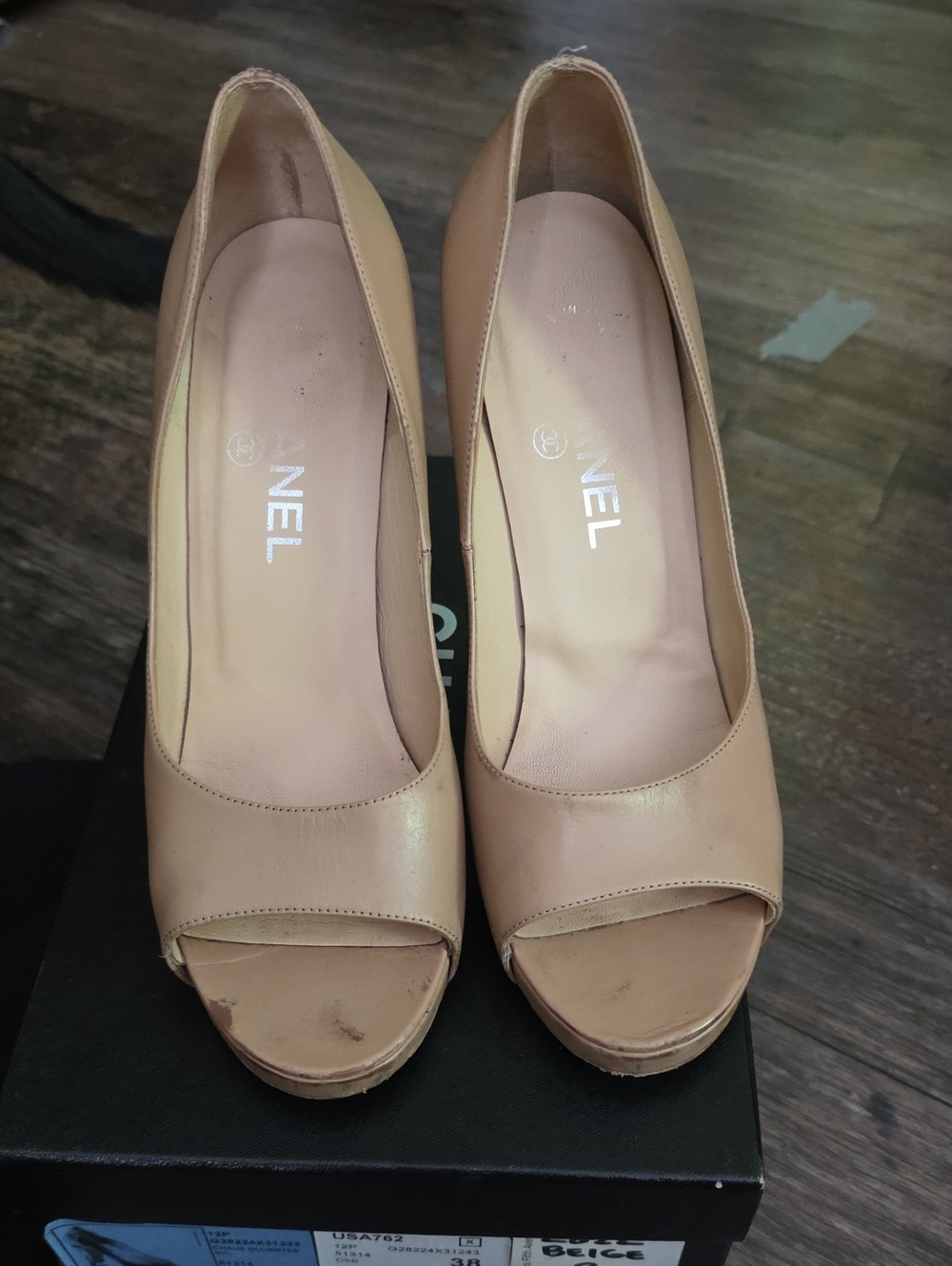 CHANEL Nude Beige Peep-Toe Cork-Platform Heel Size 8/38